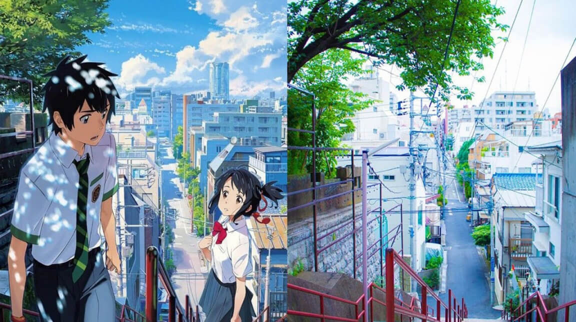 Cây cầu xuất hiện trong phim nằm gần đền Suga, Yotsuya là địa danh nổi tiếng trong Your Name.